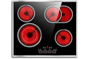 24 Inch Electric Cooktop 4 Burners, Pladeca 6600W Electric Stove Touch Control, 220-240V Built-in Radiant Stove Top with Safety Lock, Timer, Pause Control, Extended Zone, Hard Wire(No Plug)