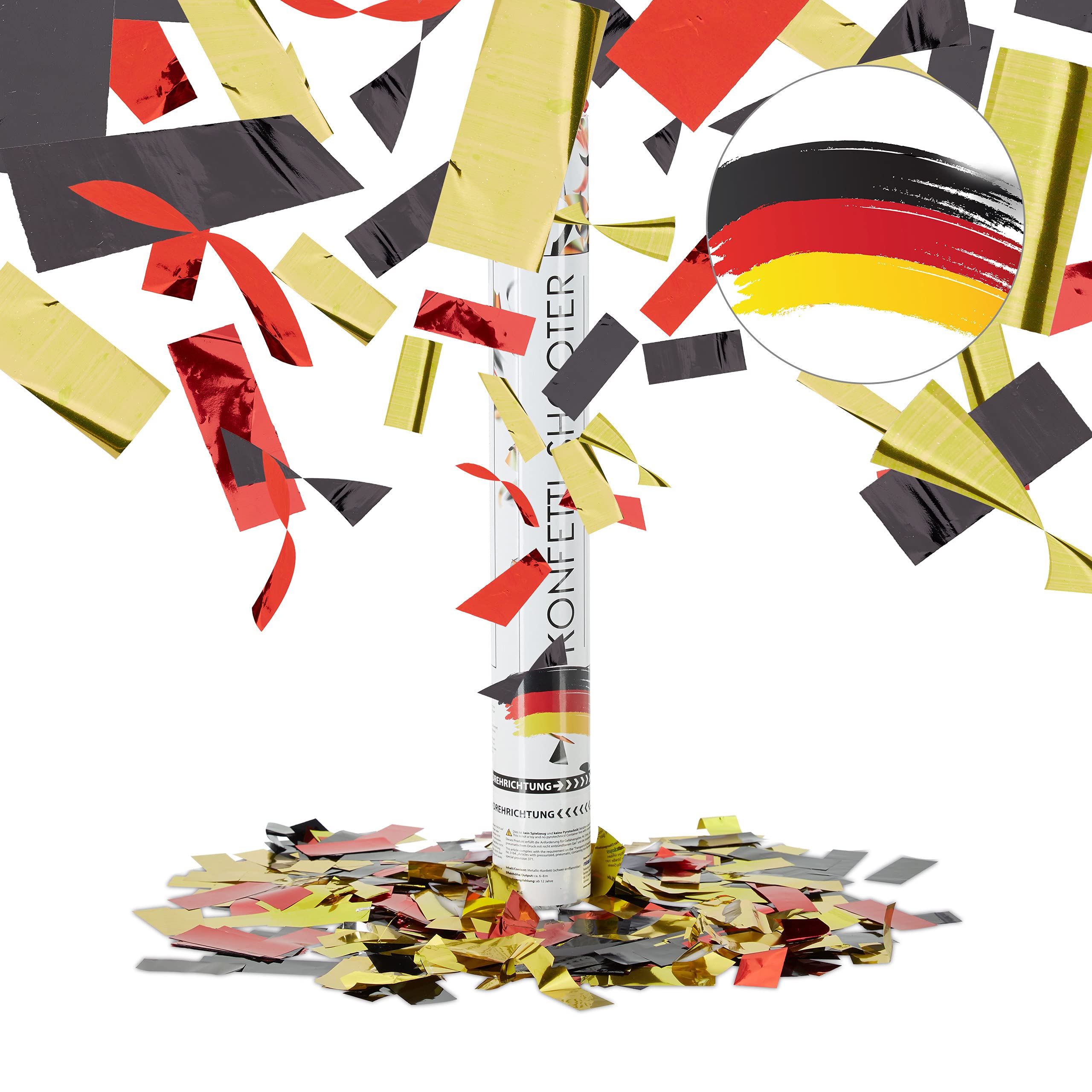 Relaxdays 40 cm Party Popper Germany, Effect Height up to 8m, World Cup, Soccer Confetti Rain, Black/Red/Gold