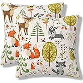 ANTARIKA Cute Woodland Animals Throw Pillow Covers Trees Mushrooms Berries Square Pillow Cover 18x18 Inch Set of 2 Cartoon Fox Rabbit Deer Decorative Pillowcase Cushion Cases for Couch Sofa