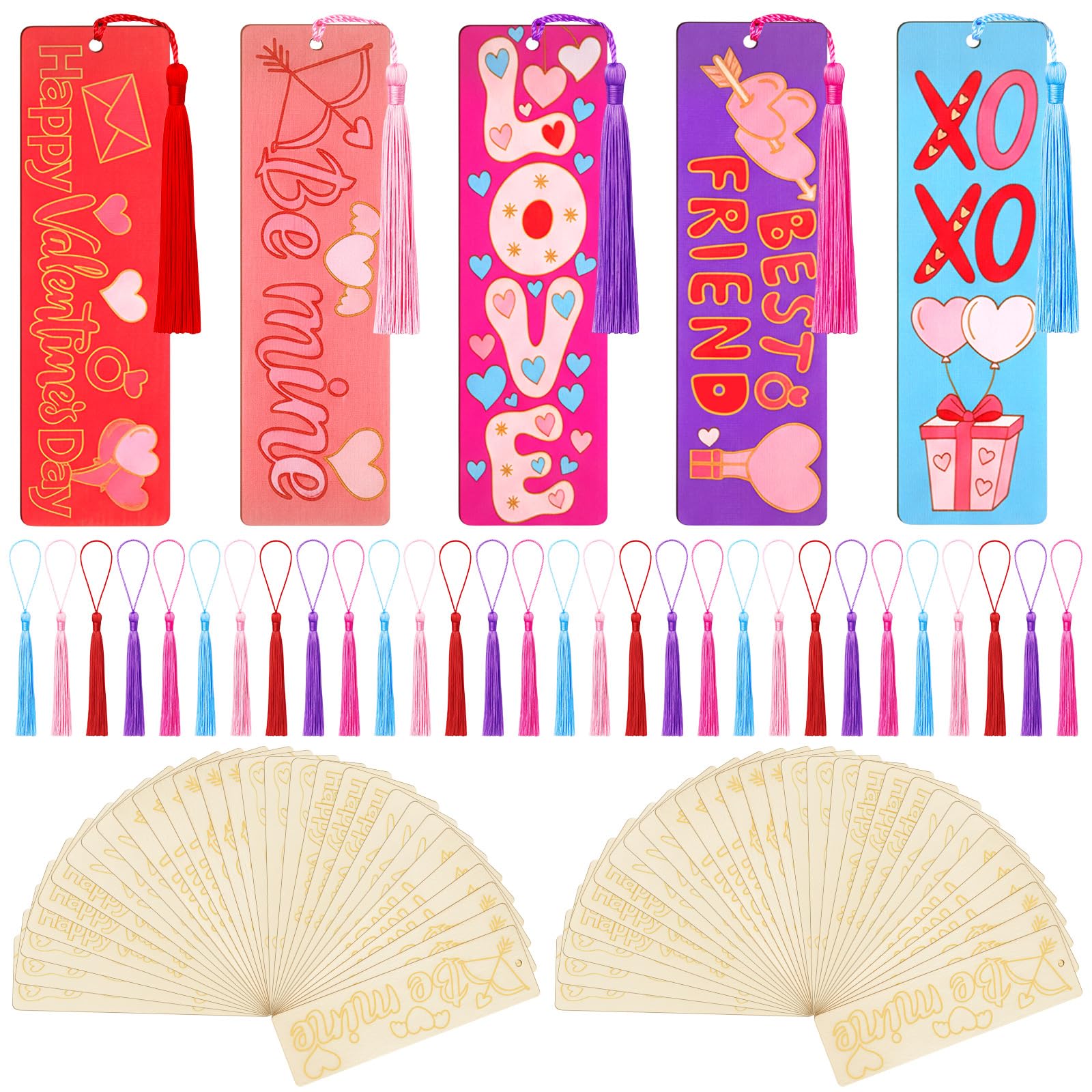 Photo 1 of 100 Pcs Valentine's Day Wood Bookmarks Bulk DIY Crafts Kit, 50 Set Blank Valentine Hearts Coloring Bookmarks with Tassel for Classroom Gifts Exchange Activity Reading Party Favor Reward Goodie Fillers