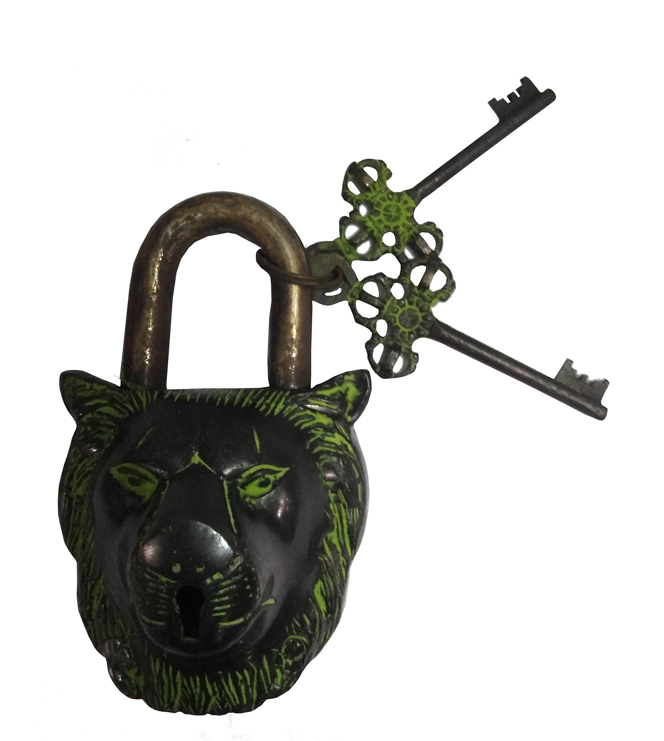 Purpledip Brass Padlock: Antique Finish Lion Lock (10004A)