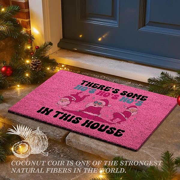 LANPN CHRISTMAS WELCOME NATURAL COIR DOOR MAT, SANTA LARGE COCO FRONT DOOR OUTDOOR DOORMAT OUTSIDE ENTRANCE PORCH NON SLIP RUBBER RUG WINTER XMAS FARMHOUSE DECOR (PINK, 36X24 INCH)