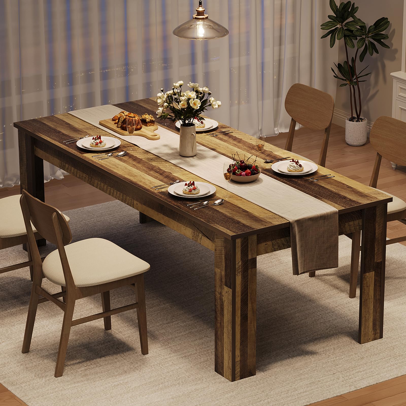 Photo 1 of CABIHOME 71" Long Dining Table for 6-8, Large Farmhouse Rectangular Kitchen Dining Room Table, Wooden, Thick Frame & Sturdy Triangular Legs, Wood Strip Base for Dinner, Kitchen, Office, Rustic Brown