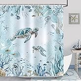 Bonhause Sea Turtle Shower Curtain, Teal Blue Ocean Beach Coastal Bathroom Decor 72 x 72 Inch Polyester Fabric Waterproof Bath Curtain with 12 Hooks