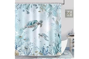 Bonhause Sea Turtle Shower Curtain, Teal Blue Ocean Beach Coastal Bathroom Decor 72 x 72 Inch Polyester Fabric Waterproof Bat