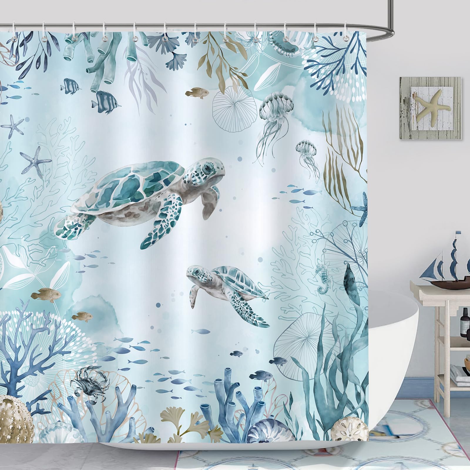 Bonhause Sea Turtle Shower Curtain Teal Blue Ocean Beach Coastal Bathroom Curtain 180 x 200 cm Waterproof Mildew & Mould Resistant Polyester Fabric Bath Curtain with 12 Hooks