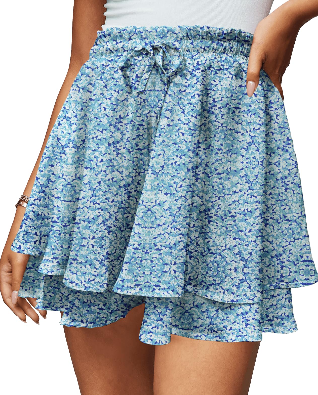 Photo 1 of EGOCKAL Women's Summer Floral Ruffle Hem Skirt Shorts Elastic High Waist Layered Tiered Boho Mini Skorts Skirts LARGE