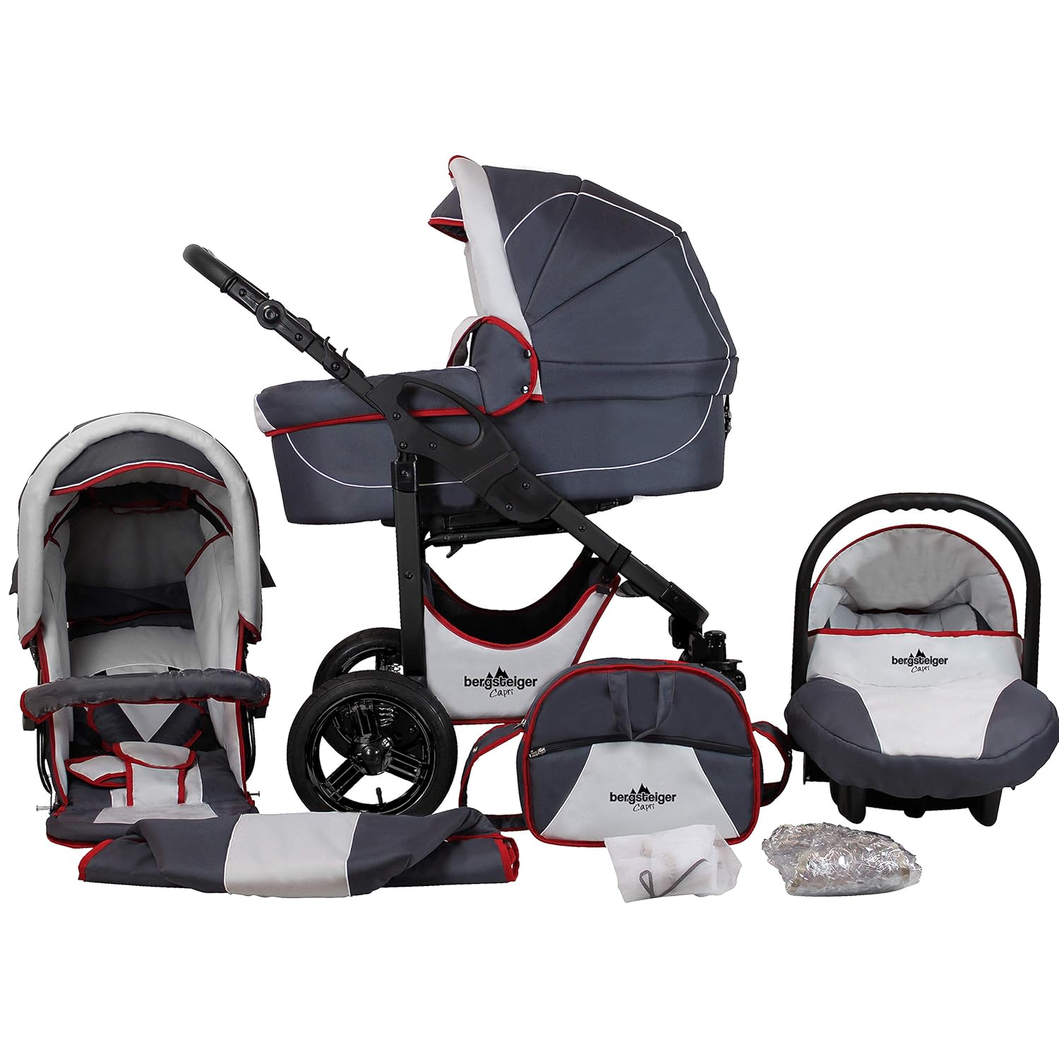 Bergsteiger Capri Kinderwagen 3 in 1 Kombikinderwagen Megaset 10 teilig inkl. Babyschale, Babywanne, Sportwagen und Zubehör