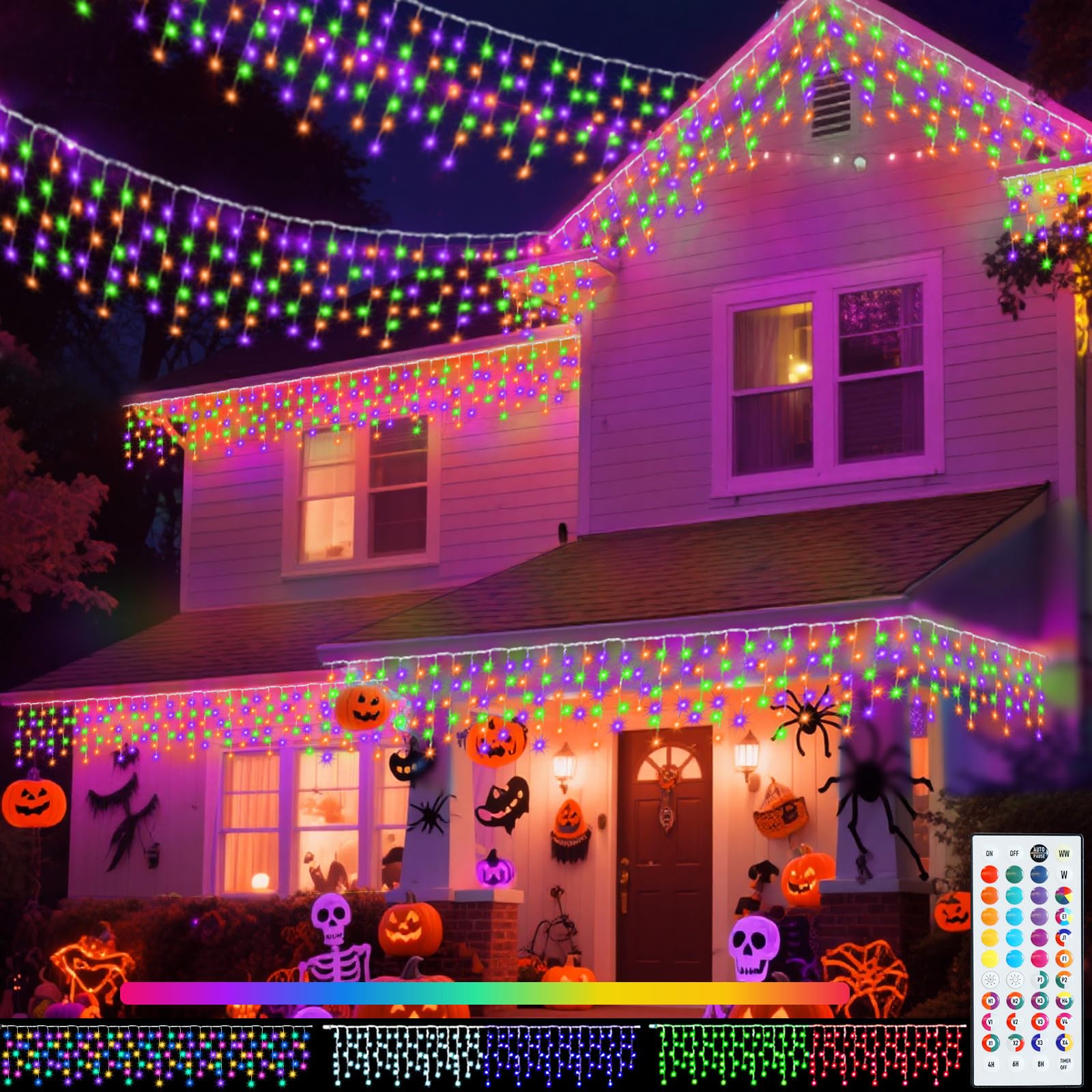 Photo 1 of Pooqla RGB Icicle Lights Outdoor Decoration, Color Changing String Lights with 35 Colors 9 Modes Remote, 48 FT 300 LED Hanging Light for Roof Window Home Party Halloween Thanksgiving Christmas Decor