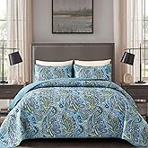 DJY Teal Paisley Quilt Set King Size Boho Bedspread Set 3 Pieces, Soft Lightweight Microfiber Coverlet Set Paisley Floral Pattern Bedding for All Season (Teal, 110''x90'')