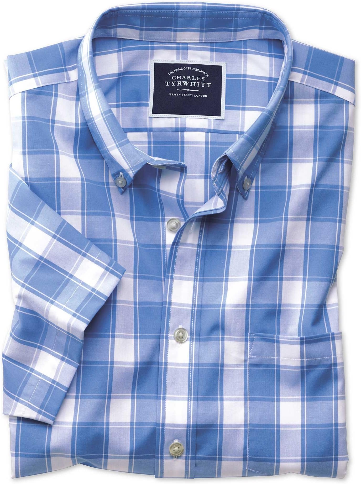 Charles Tyrwhitt Classic Fit Button-Down Non-Iron Poplin Short Sleeve Blue and White Check Cotton Shirt Single Cuff