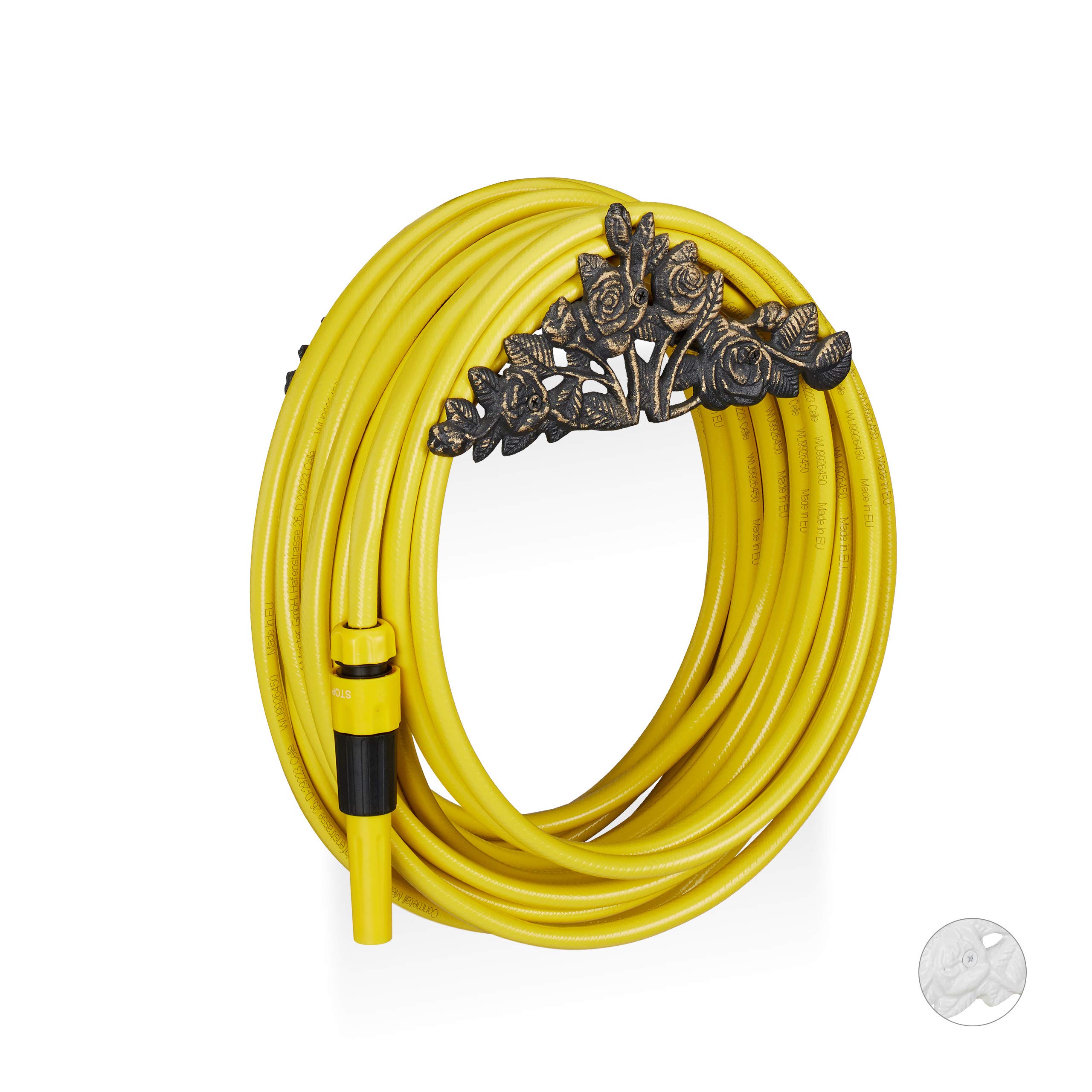 Relaxdays Antique Garden Hose Holder, Rose Motif, Cast Iron, Wall-Mount, Vintage, HxWxD: 15 x 27 x 13 cm, Bronze