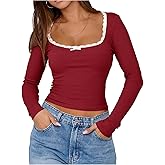 RoseSeek Women's Lace Bowknot Square Neck T Shirts Long Sleeve Crop Tops Fall Clothes