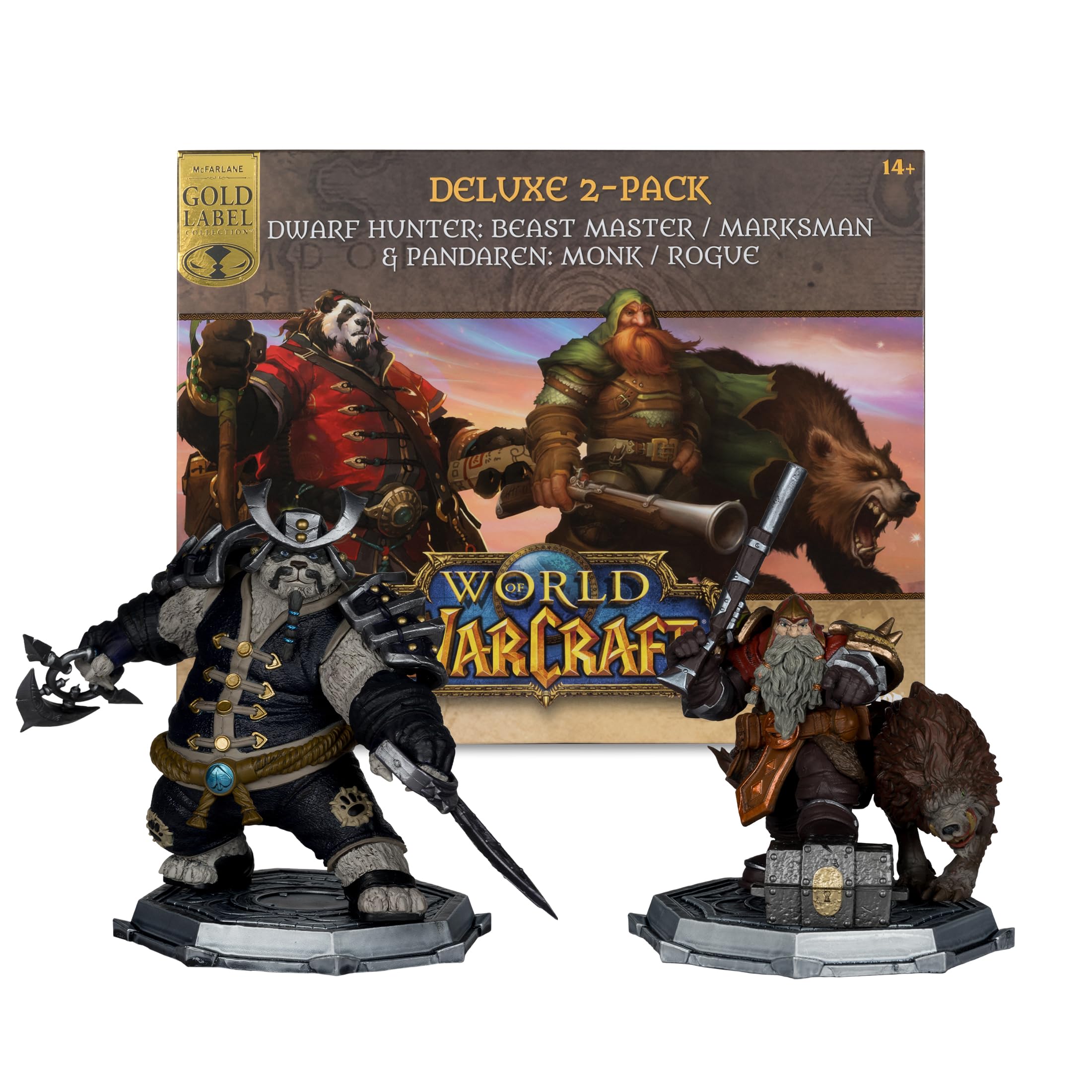 McFarlane Toys - World of Warcraft Dwarf Hunter: Beastmaster & Marksman and Pandaren: Monk & Rogue 1:12 Scale Posed Figure Deluxe 2pk Gold Label