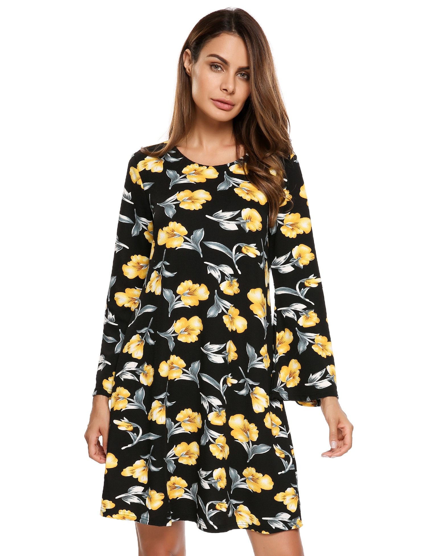 Beyove Women\'s Casual Printed O Neck Long Sleeve Dresses