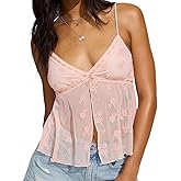 Women Floral Mesh Tank Tops V Neck Sheer Split Front Strappy Going Out Top Camisole Y2k Backless Crop Cami Shirts