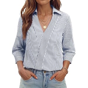 Dokotoo 3/4 Length Sleeve Womens Tops V Neck Collared Striped Shirts | Fall Outfits for Women 2026, Wrap Top, Cotton Blouses,