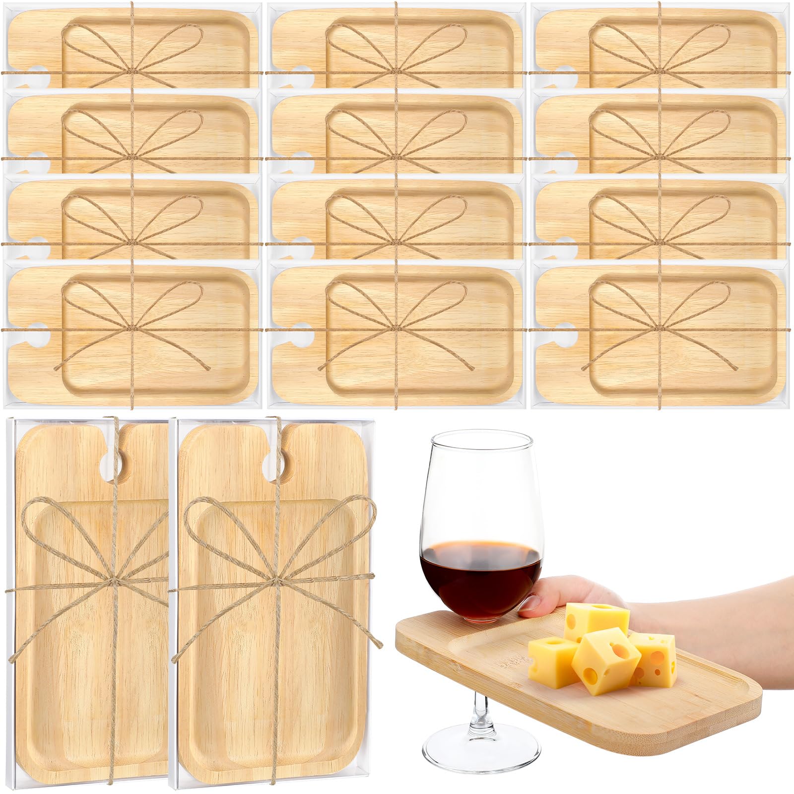 Photo 1 of Menkxi 12 Set Wine Appetizer Plates Mini Charcuterie Boards with Wine Glass Holder and Box Gifts for Bridal Shower Game Prizes Wooden Cocktail Cheese Plate for Guests Baby Shower(Rectangle,Dark Color)