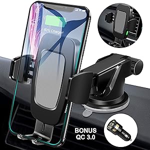 FiGoal Qi Wireless Car Charger Mount with QC 3.0 USB Adapter Auto Clamping 10W 7.5W Fast Charging Air Vent Windshield Dashboard Phone Holder Compatible with iPhone Xs Max XR 8 Samsung S10 S9 S8 Note 9