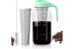 CNSNDQEDKE Cold Brew Coffee Maker with Pour Spout Handle Lid, 64oz Cold Brew Pitcher with Stainless Steel Filter, Heavy Duty Glass Mason Jar Cold Brew Maker for Coffee, Iced Tea, Sun Tea, Lemonade-Green LiD