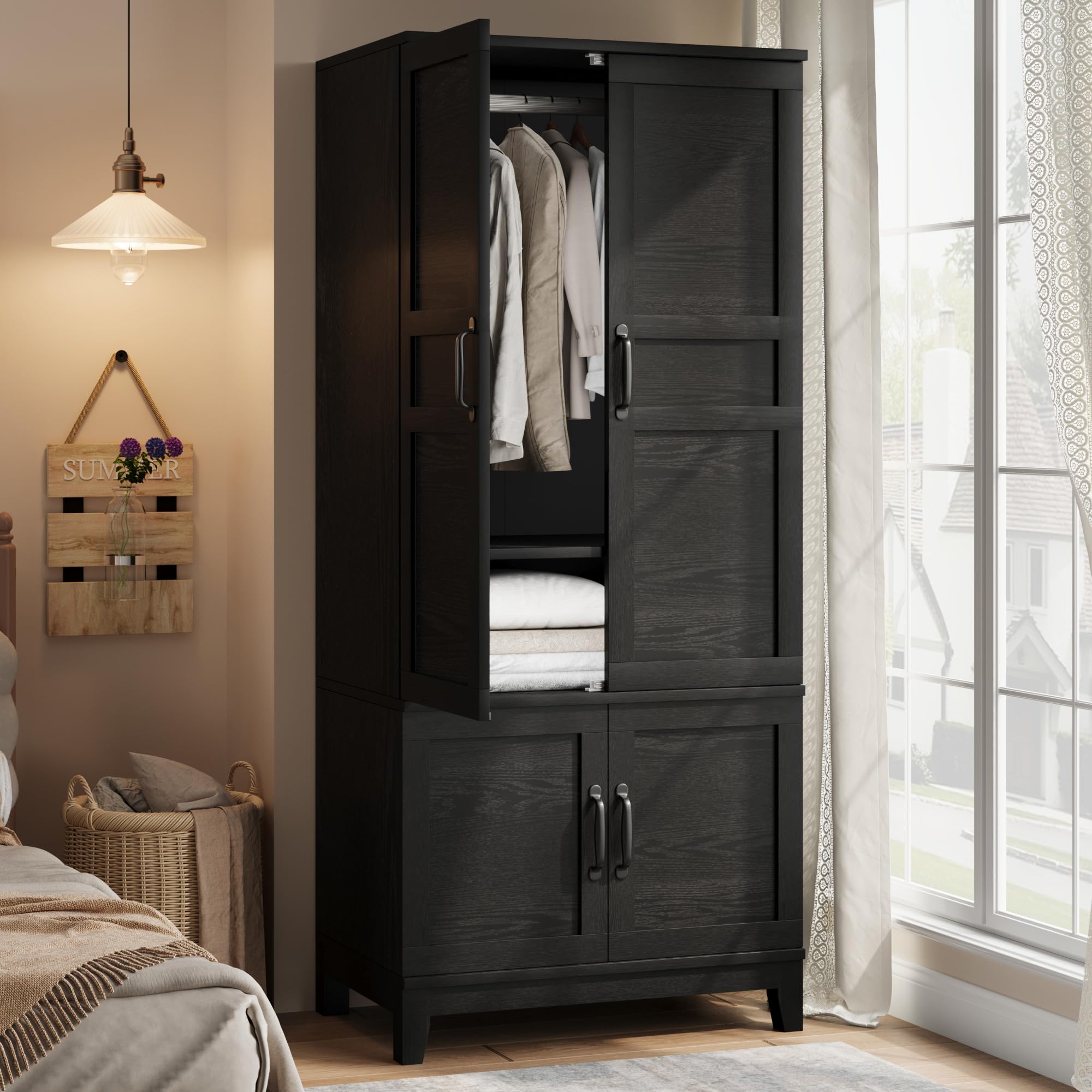 Photo 1 of **PARTIAL SET/CARTON 1 OF 2 ONLY***GarveeHome Armoire Wardrobe Closet with 4 Doors, 72 in Wooden Wardrobe Cabinet with Hanging Rod, Freestanding Tall Clothing Armoire Storage Cabinet with Adjustable Shelves for Bedroom, Black