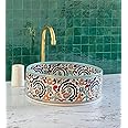 Handmade Countertop Ceramic Wash basin Sink, Floral Sink Bowl, Hand Painted Above Counter Vanity Vessel Sink, Farmhouse Bathroom Ceramic Basin with 2 Gifts (10"= 25cm)