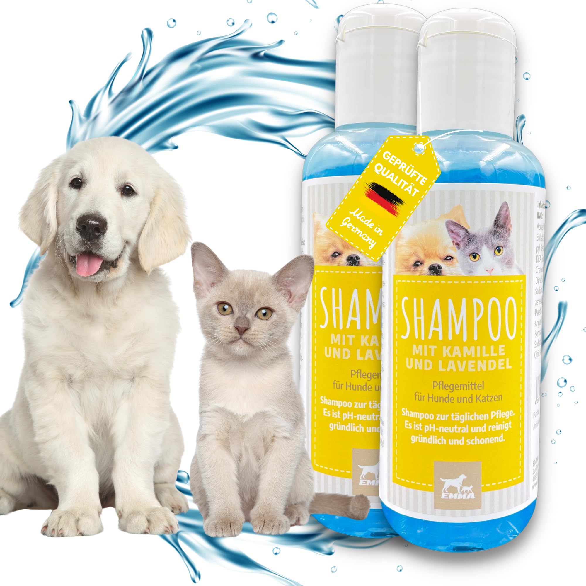 EMMA® Dog Shampoo & Cat Shampoo + Chamomile Lavender I Grooming for Dogs & Cats Puppies I Dog Shampoo Against Itching & Odour I Irritated Skin I Shampoo pH Neutral I Detangling 2 x 250 ml