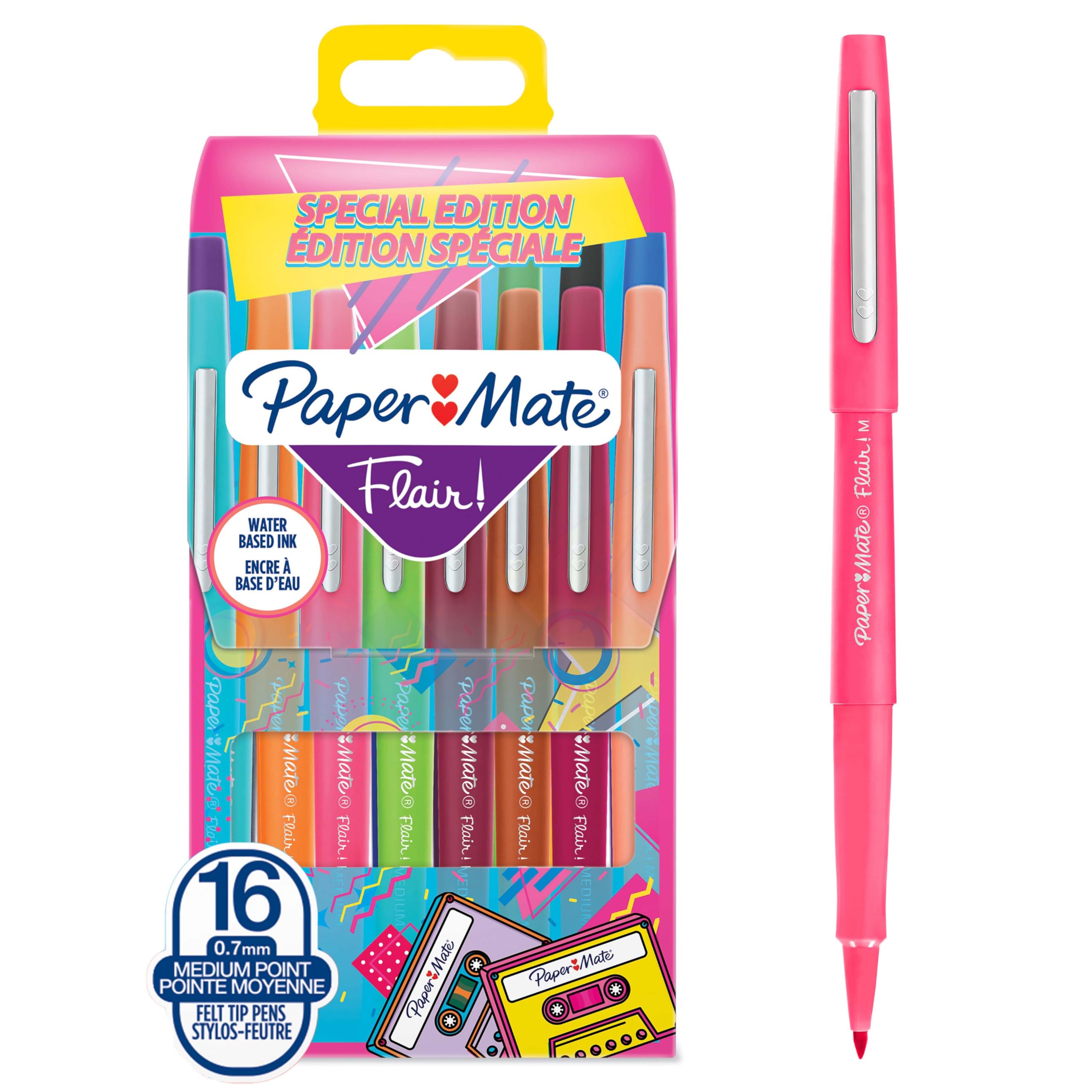 Paper Mate Flair Felt Tip Pens | Medium Point (0.7 mm) Marker Pens | Assorted Retro Colouring Pens | For Kids & Adult Colouring, Journalling & More | 16 Count