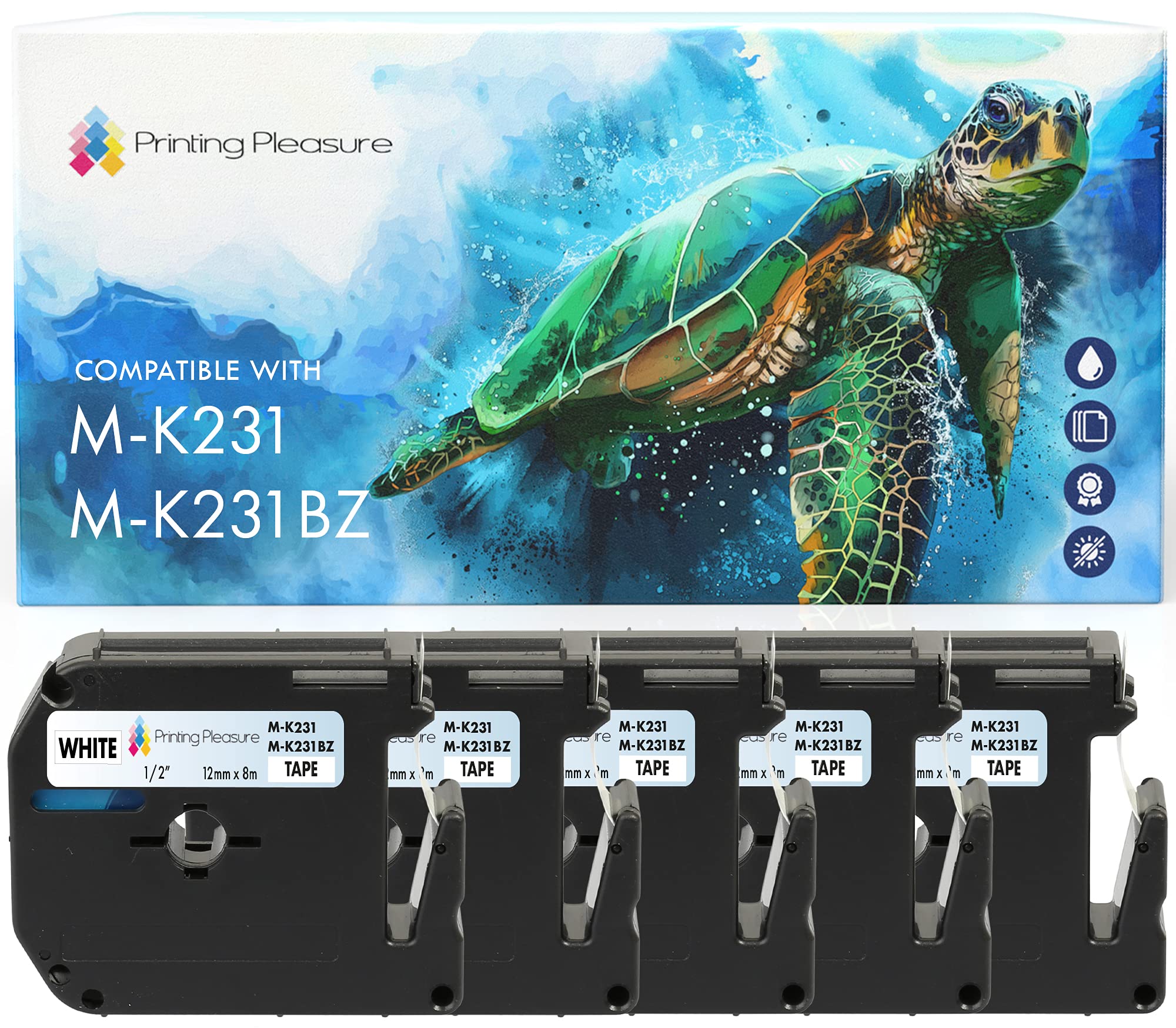 Printing Pleasure 5X M K231 Black on White (12mm x 8m) Label Tapes Compatible with P-Touch PT-80 PT-90 PT-100 PT-110 PT-55S PT-65 PT-70 PT-70HOT PT-70SP PT-70SR PT-85 Label Printing Machines