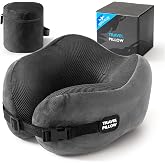 PEUJEW Neck Pillow Memory Foam Adjustable Clasp for Airplane Travel | Ergonomic Support, Removable Washable Cover, Portable Travel Bag. Ideal for Car, Office &amp; Long Flights. Dark Gray