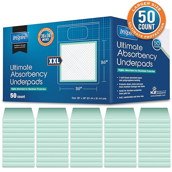 INSPIRE EXTRA LARGE SUPER ABSORBENT DISPOSABLE BED PADS FOR CHRONIC INCONTINENCE ULTRA THICK AND ABSORBENT BED PADS DISPOSABLE ADULT | PEE PADS FOR ADULTS (36″ X 36″ PACK OF 50)