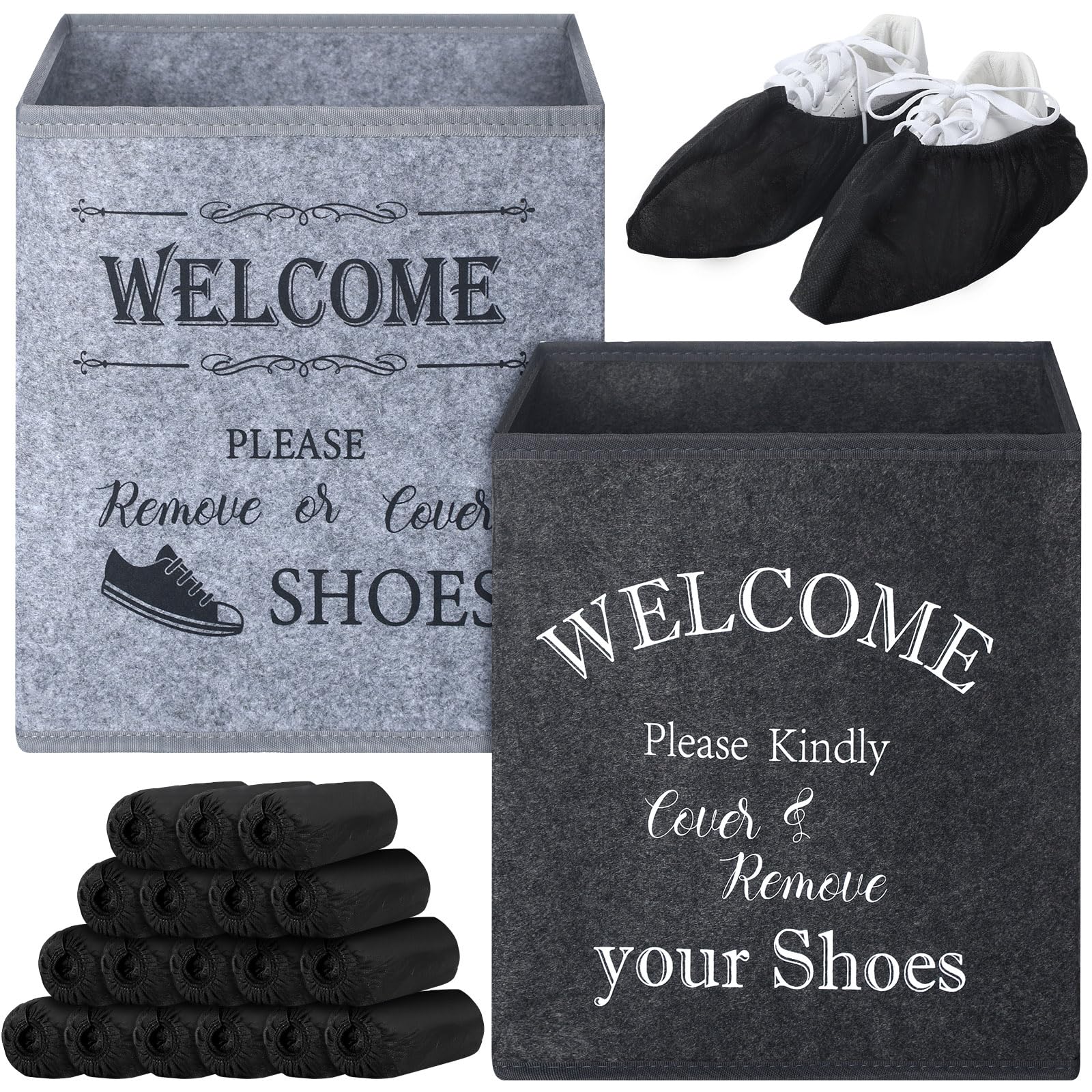 Photo 1 of 2 Shoe Cover Box Dispenser with 200 Pcs Disposable Shoe Covers, Please Cover or Remove Your Shoes and Used Covers, Indoor Foldable Storage Bin for Open House Supplies Real Estate Agent Supplies(Black)