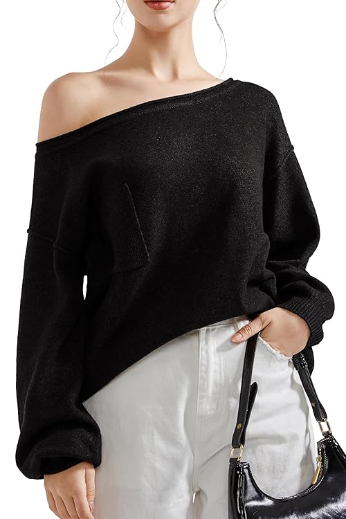SUUKSESS Women Off The Shoulder Fall Sweaters Boat Neck Long Sleeve Going Out Fall Tops Oversized Trendy Pullover Sweater (Black, L)
