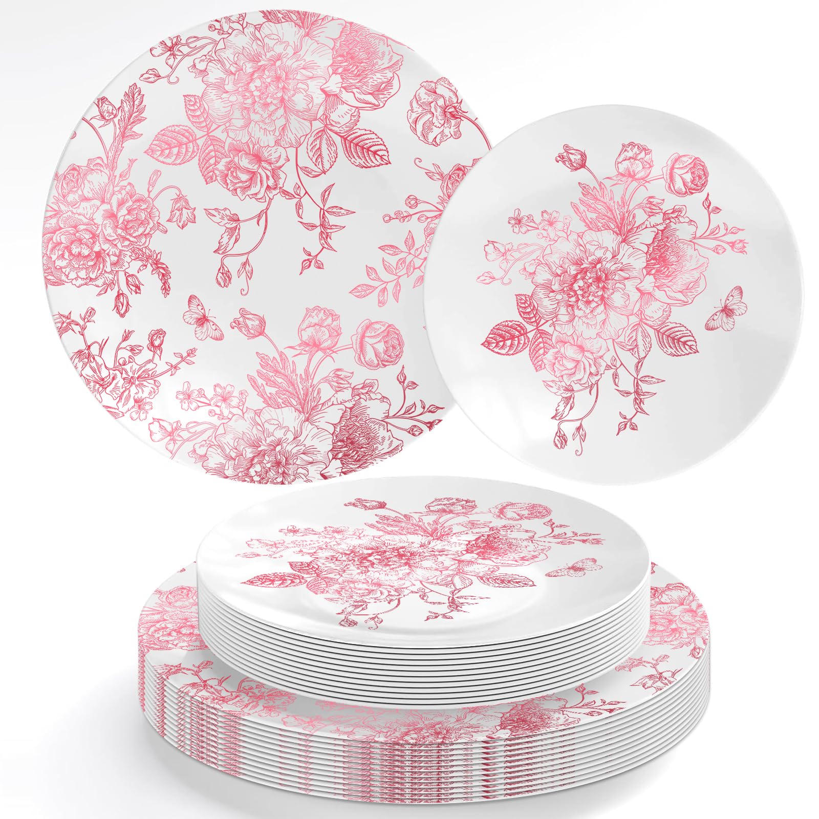 Photo 1 of FYSUIMU 40Pcs Pink Floral Plastic Plates Vintage Flower Reusable Plate Chinoiserie Dinner Dessert Plates for Birthday Baby Shower Party Supplies Table Decor
