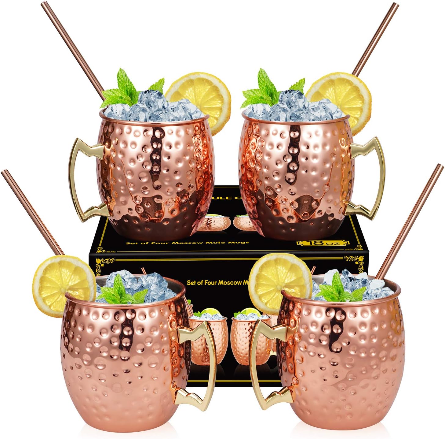 Moscow Mule Copper Mugs Set of 4, Includes 4 Straws