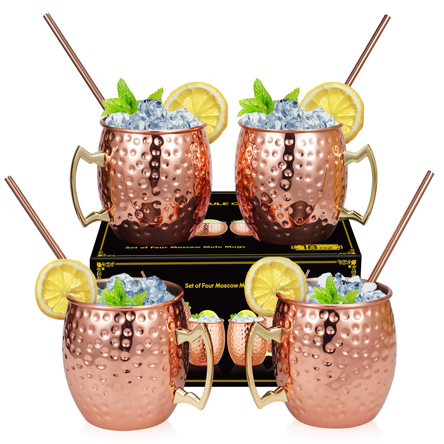 Moscow Mule Copper Mugs Set of 4, Includes 4 Straws, Moscow Mule Mugs Copper Cups 530ml for Cocktail, Gin, Beer, Drinking, Gift Set for Bartender, Bartending, Barware