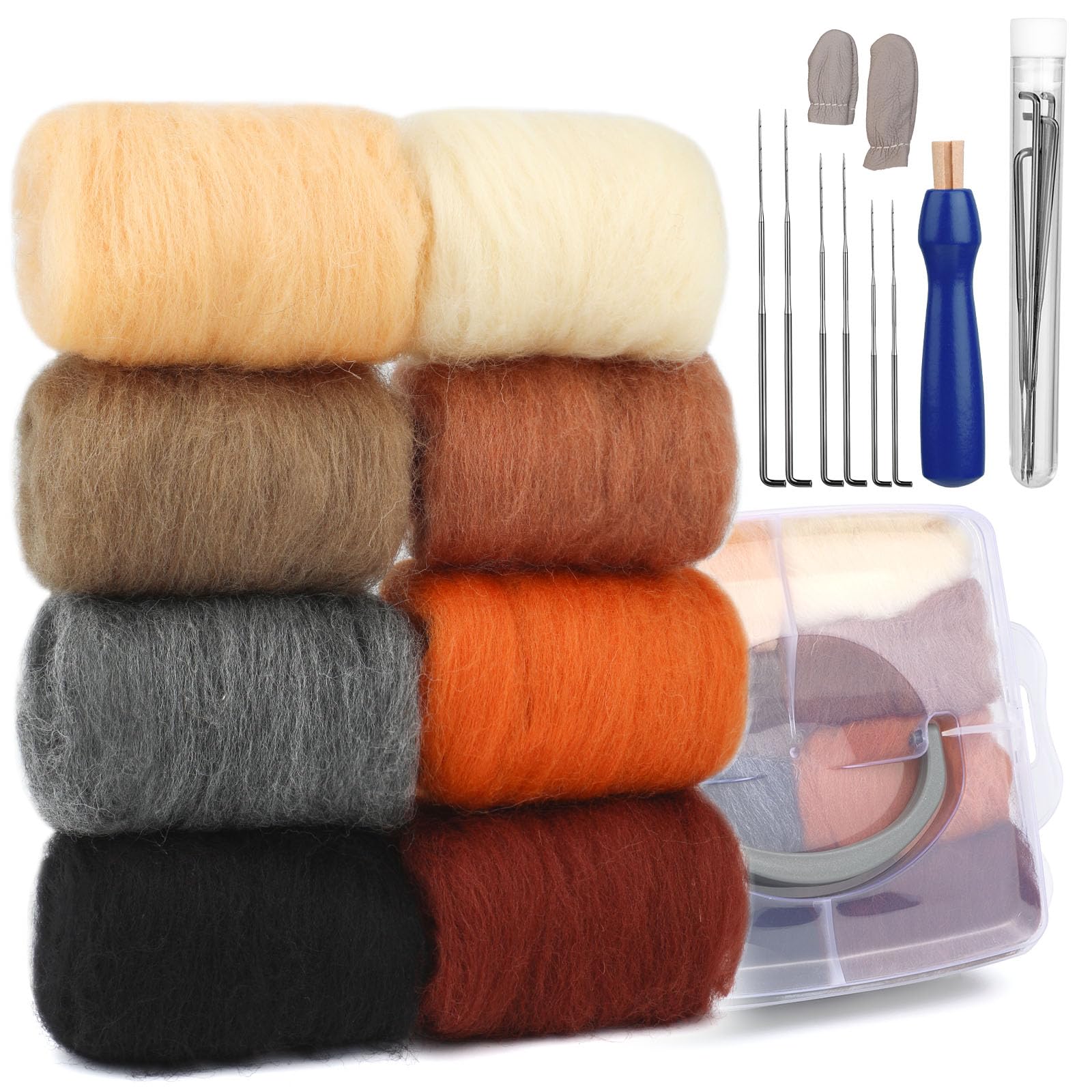 Zlulary Needle Felting Wool, 8 Colors Wool Roving, Needle Felting Supplies, Felting Needle Kit for Beginners Spinning Felting Supplies, 8g/Color (Dark)