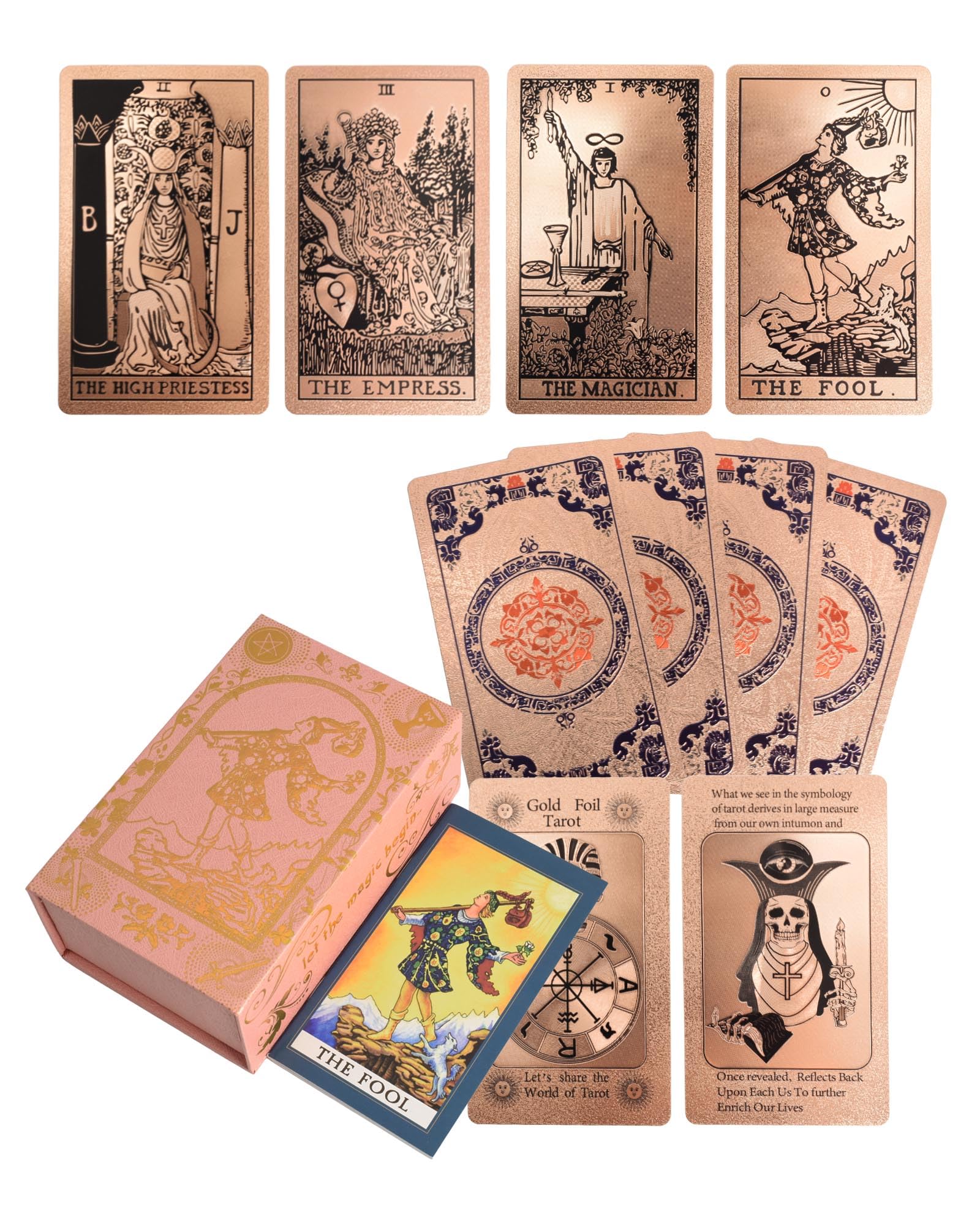 YIMINGOUFEI English Vintage Gold Foil Tarot Deck, 78+2 Spare Cards, with 36-Page English Colour Guide, PVC Frosted Holographic Bold Printing, Waterproof Design, Suitable for Collectors