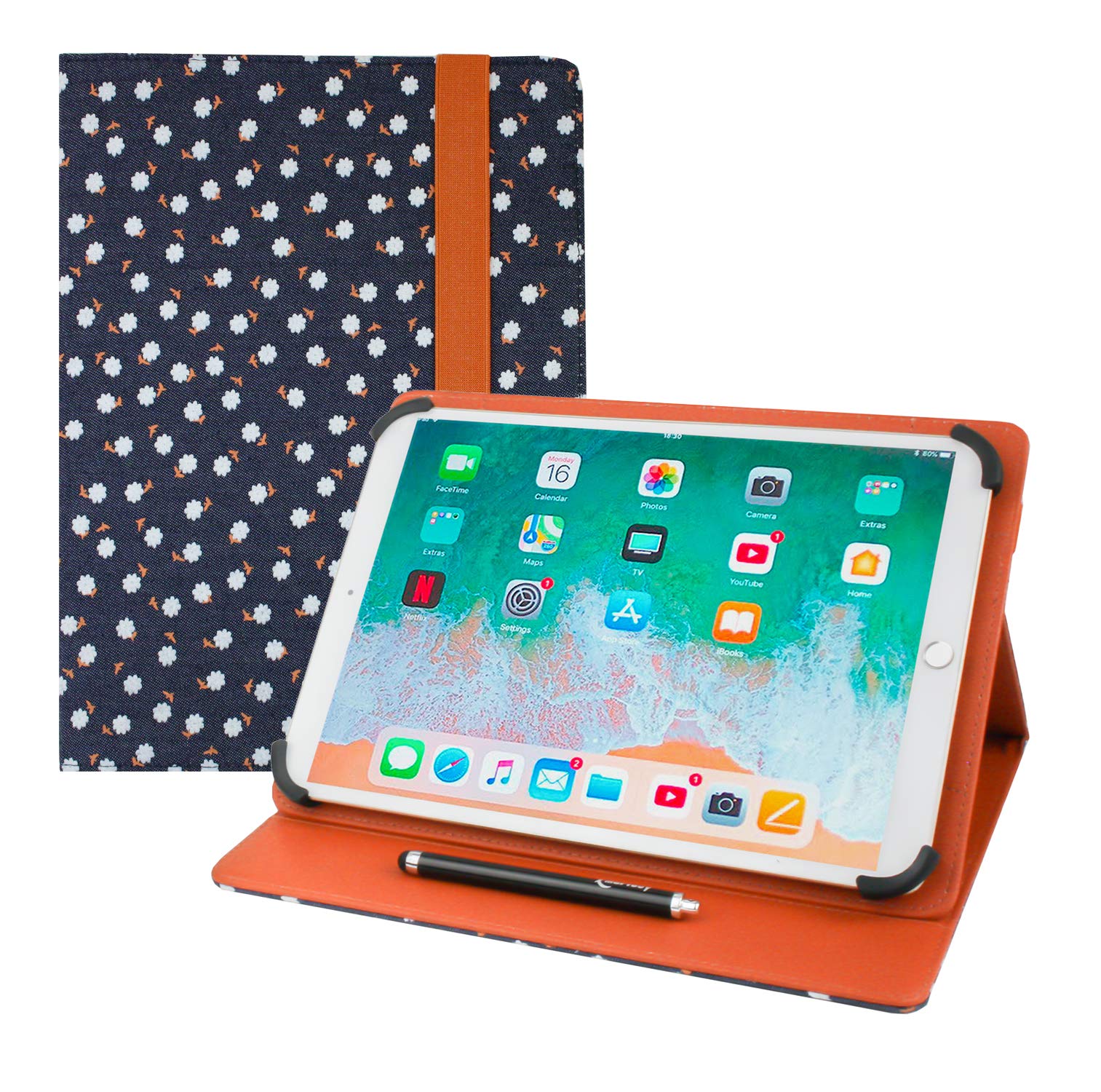 Emartbuy Universal 9.1 Inch - 10.5 Inch Denim Floral Multi Angle Folio Wallet Case Cover With Card Slots and Stylus Pen Compatible With Selected Devices Listed Below