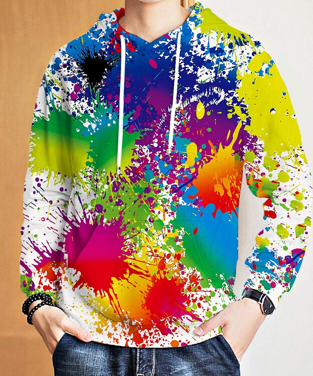 Men\'s Long Sleeve Art Paint Spraying Sweatshirt with Big Pocket 3D Printed Hilarious Ugly Jacket Mix-and-Match Fall Clothes for Family Lover Boyfriend Red Blue (White Watercolor,L/XL)