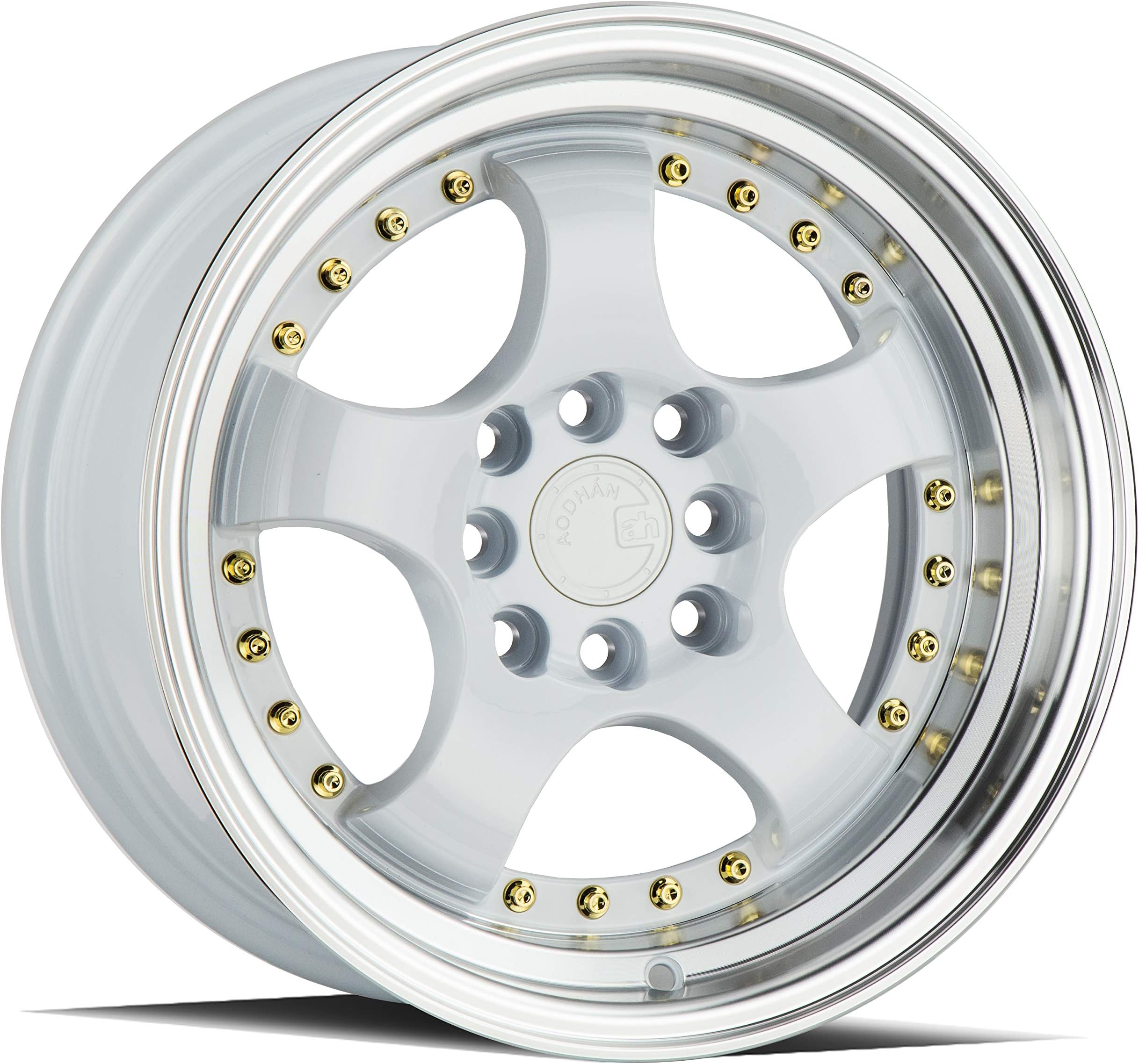 AodHan AH03 Wheel - White Machined Lip (Gold Rivets): 15x8 Wheel Size; 4x100/114.3 Lug Pattern; 73.1mm Hug Bore; 20mm Off Set.