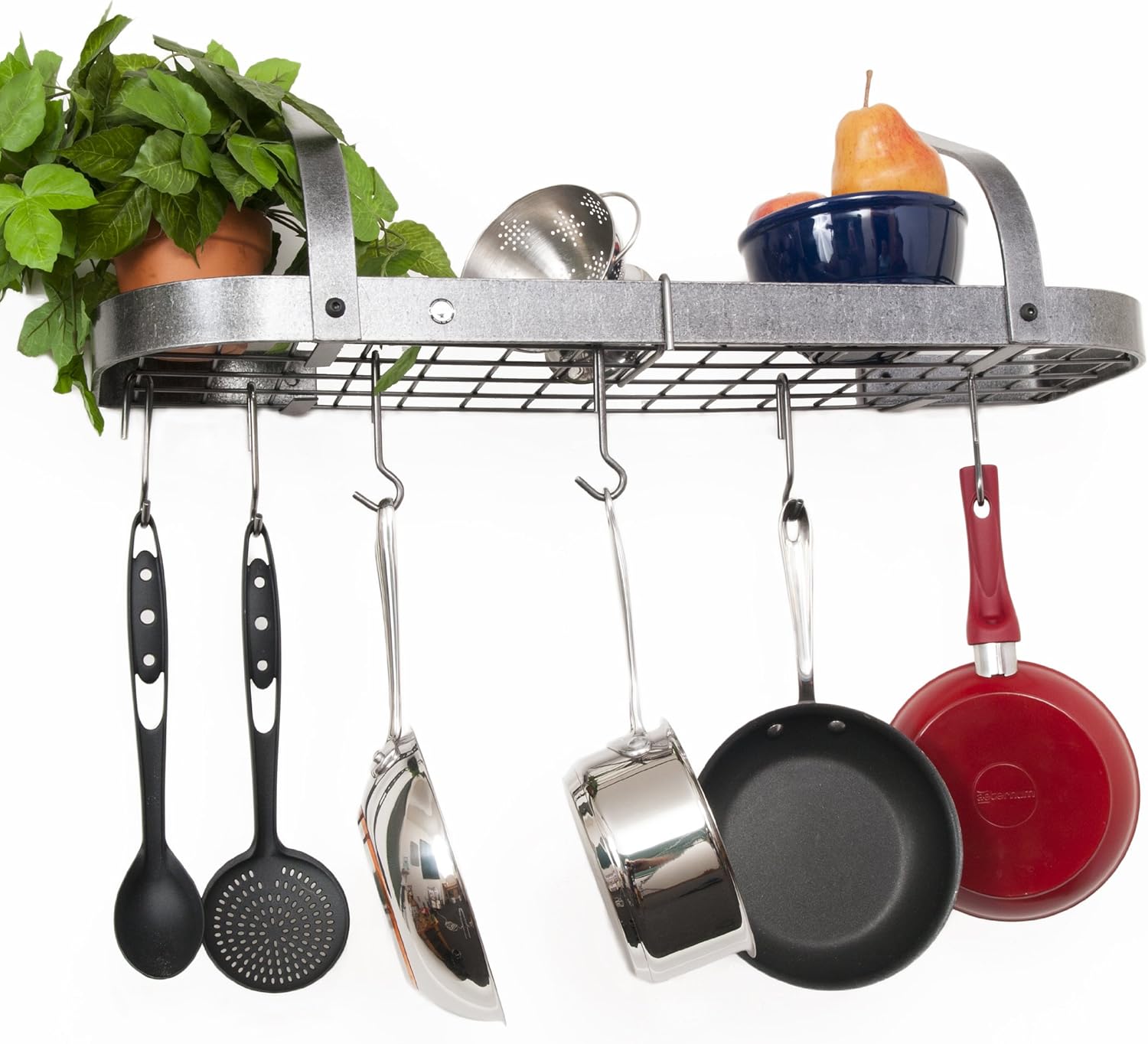 Enclume Premier Elite Bookshelf Wall Pot Rack, Hammered Steel: Kitchen Pot Racks: Kitchen & Dining