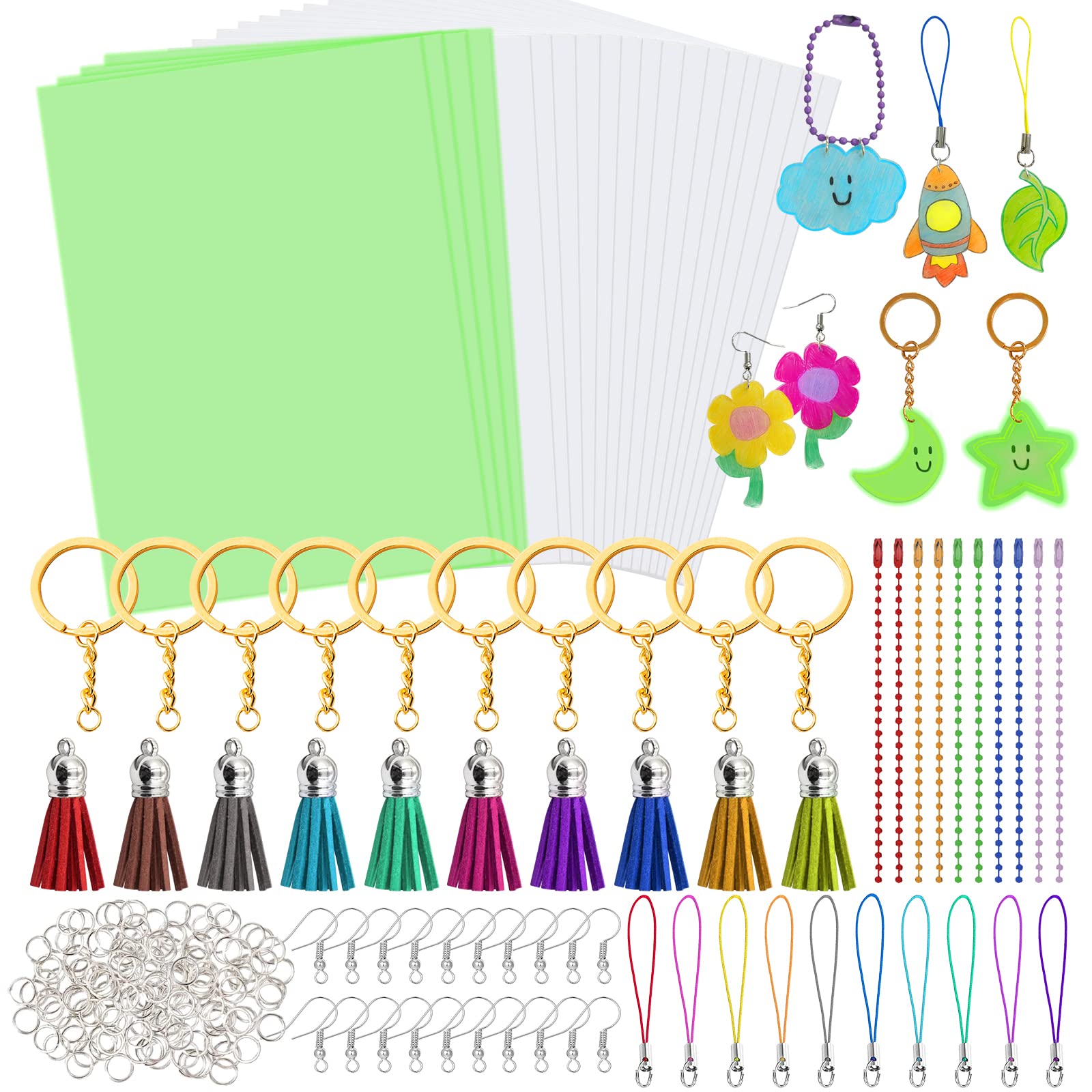 SNAIL GARDEN 280 Pcs Heat Shrink Plastic Sheet Kit,4 Pcs Luminous Shrink Sheets and 16 Pcs Shrinky Art Paper,with 260 Pcs Craft Accessories,for DIY Ornaments Earrings Pendants or Creative Craft
