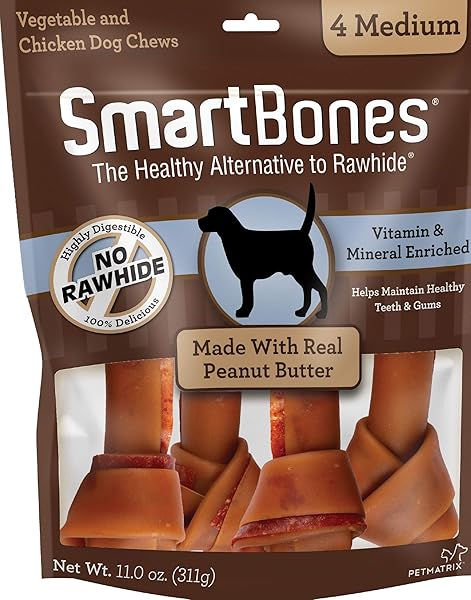 SMARTBONES MEDIUM BONES WITH REAL PEANUT BUTTER RAWHIDE-FREE CHEWS FOR DOGS, 4 COUNT