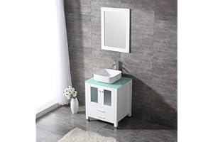 AMZZAR 24" Bathroom Vanity with Sink, Modern Small Bathroom Vanities Cabinet Glass Top with Mirror Faucet Drain Set (White, 24 inch)