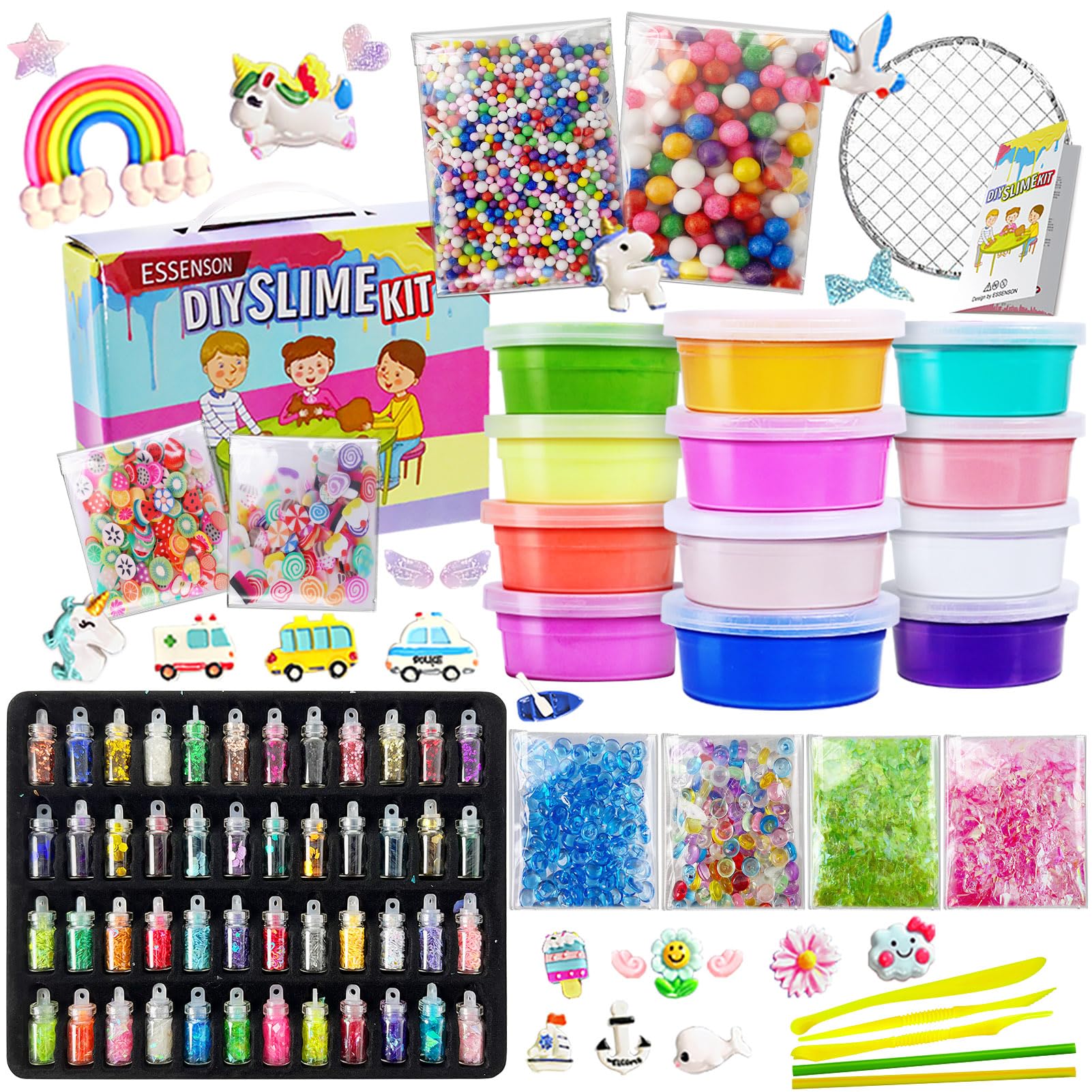 ESSENSON DIY Slime Kit - Slime Making Kit, Craft Kit for Kids Boys Girls, with 48 Glitter Powder, 12 Crystal Clear Slime Toys Gifts for Kids Age 6+ Year Old