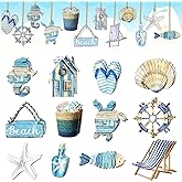 Summer Wooden Hanging Ornaments,Ocean Beach Wooden Slices Pendant for Hawaiian Tropical Christmas Tree Home Interior Hanging Decoration Party Supplies (Blue) (Blue)