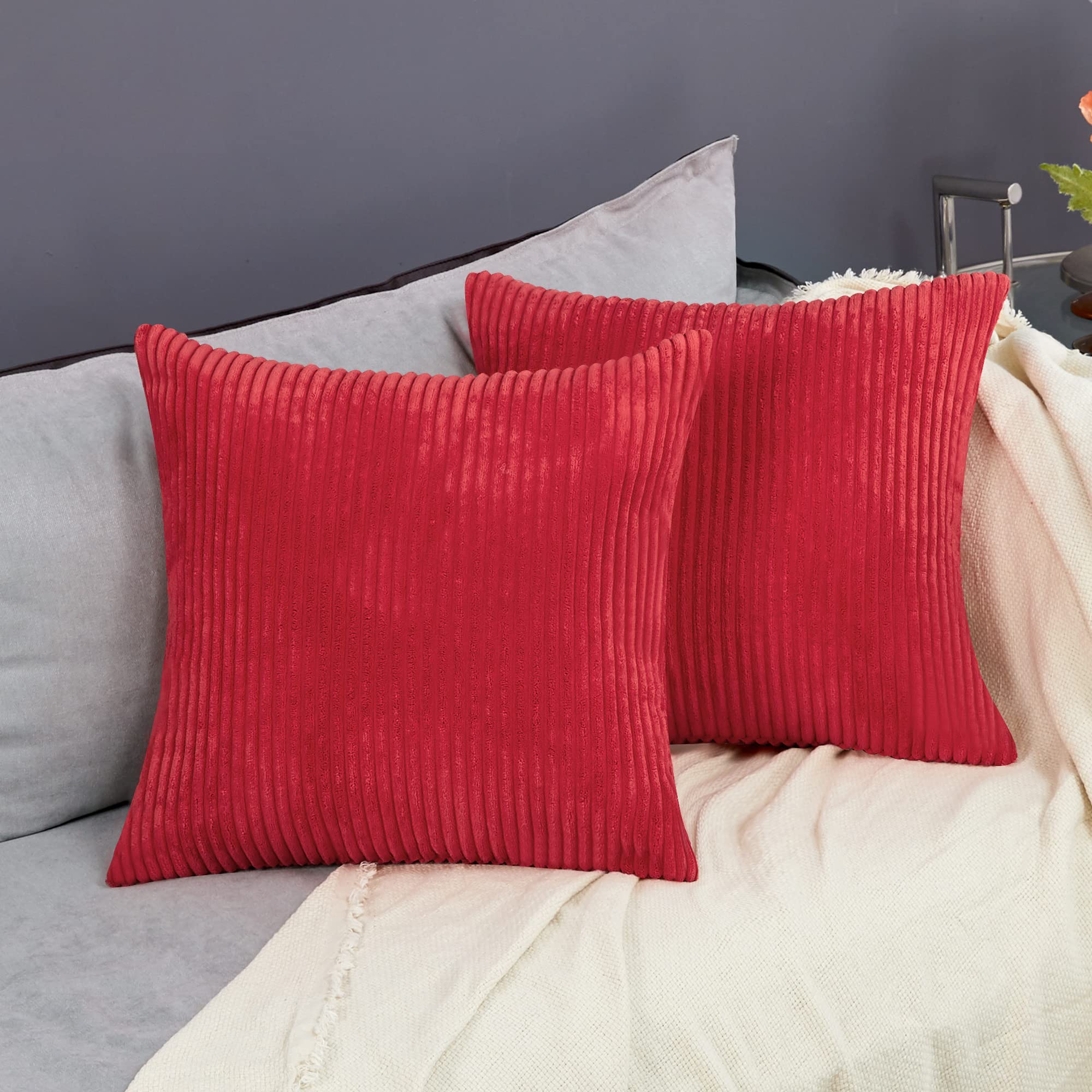 Photo 1 of Deconovo Corduroy Throw Pillow Covers, Set of 2 Soft Decorative Cushion Covers, Machine Washable Texture for Sofa, Couch, Bedroom & Living Room, 20x20 inch, True Red
