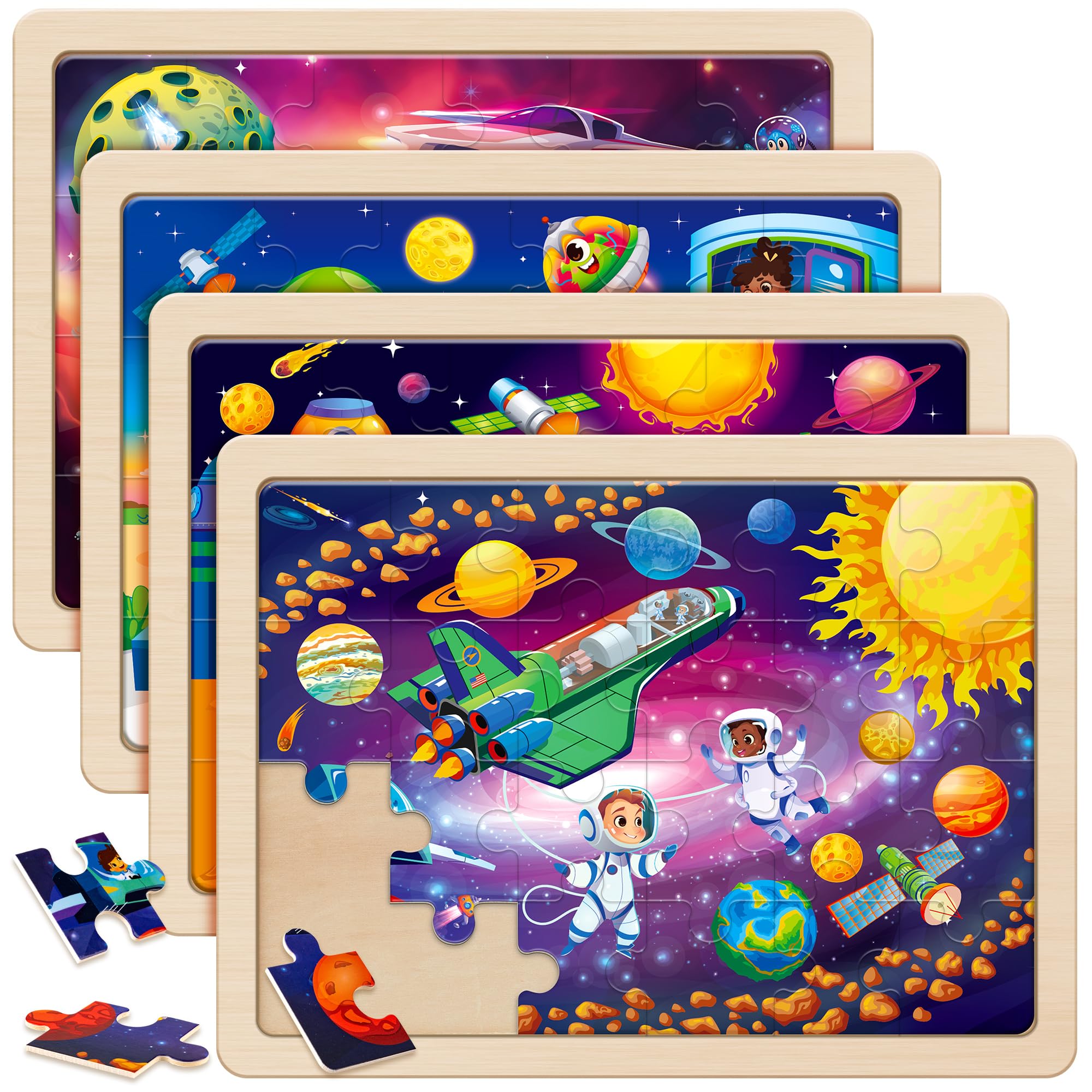SYNARRY Wooden Space Jigsaw Puzzles for Kids Ages 3 4 5 6, 4 Packs 24 Piece Solar System Planets Puzzles, Educational Games for Children, Space Toys Gifts for 3 4 5 6 Year Old Boys Girls — image 1