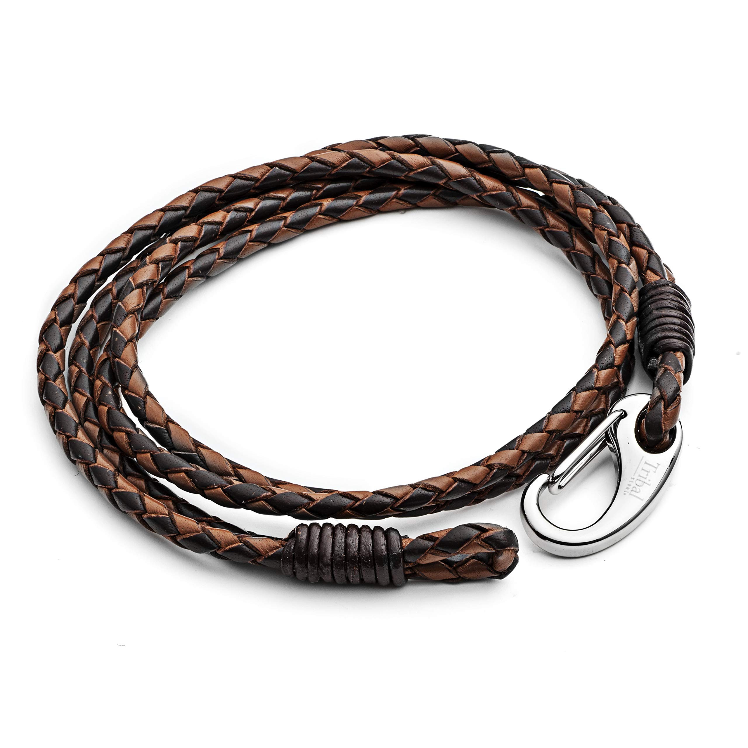 Tribal Steel · Men's XXL 23cm · 2-Tone Brown Plaited Leather Men's Double Wrap Bracelet